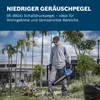 A man is using a leaf blower in a garden with palm trees and a house in the background. Produktbild-Vorschau