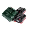 A Metabo battery charger and two batteries are displayed against a white background. Podgląd zdjęcia produktu