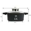A black pot with a glass lid is shown with dimensions indicated by arrows and text. Produktbild-Vorschau