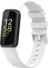 A white Fitbit Inspire 3 fitness tracker with a black bezel and a white silicone band is shown against a white background. The screen displays the time, date, and heart rate. Voir les images du produit