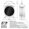 Product image with dimensions and feature list for a white retro-style digital alarm clock. Anteprima dell’immagine prodotto