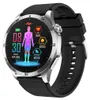 A close-up studio shot of a smartwatch with a black strap and silver casing, displaying health metrics on its screen. Produktbild-Vorschau