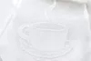 A close-up of a white lace curtain with a coffee cup and steam pattern. Produktbild-Vorschau
