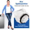 A woman stands next to a dishwasher, with a close-up of a pump motor in the foreground. Produktbild-Vorschau
