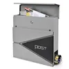 A modern gray mailbox with a black accent panel is shown against a white background. Mail and a rolled-up newspaper are visible inside and in the mail slot. Produktbild-Vorschau