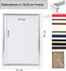 A diagram showing the dimensions of a picture frame, along with a selection of frame colors and a close-up of a frame corner. Produktbild-Vorschau