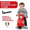 A young child is riding a red toy Vespa scooter. The image includes text and logos related to the product. Náhľad obrázku produktu