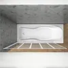 A top-down view of a bathtub with a shower screen in front of it, set in a bathroom with tiled walls and a wooden floor. Produktbild-Vorschau