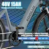 Close-up of an electric bicycle frame with text overlays highlighting battery specifications and performance. Produktbild-Vorschau