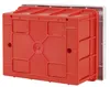 A red electrical distribution box is shown attached to a white mounting plate. Produktbild-Vorschau