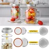 A collage showing mason jars filled with fruit and vegetables, and close-ups of vacuum sealing lids and rings. Produktbild-Vorschau