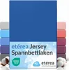 A stack of folded bed sheets in various colors, with the main product in blue prominently displayed. Produktbild-Vorschau