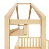 Close-up view of the top section of a wooden children's bed frame, showing the house-like structure and a shelf. Produktbild-Vorschau