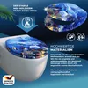 A toilet seat with a marine life design is shown on a toilet, with marketing text and graphics around it. Produktbild-Vorschau