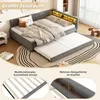 A bedroom scene featuring a gray upholstered daybed with an extended trundle bed, decorative pillows, and a blanket. The headboard has integrated LED lighting and shelving. Two inset images show details of the bed frame and storage compartments. Anteprima dell’immagine prodotto