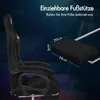 A side view of a black gaming chair with an extended footrest, highlighted with dimensions and German text indicating it is a retractable footrest. Podgląd zdjęcia produktu