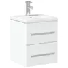 A white bathroom vanity with a sink and faucet. Produktbild-Vorschau