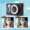 A marketing image showcasing a digital camera with a close-up of its lens and two sample photos of a cat, one labeled 'Unsere 48MP' and the other 'Andere 44MP'. Produktbild-Vorschau