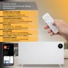 A hand holding a remote control for a white infrared heater, with a smartphone displaying an app in the foreground. Produktbild-Vorschau