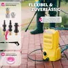 A person wearing rubber boots is using a yellow pressure washer on a brick patio. Various accessories for the pressure washer are displayed in the upper left corner. Produktbild-Vorschau