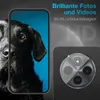 A marketing image showcasing a phone camera lens protector with a dog image on the phone screen and a close-up of the camera module. Produktbild-Vorschau