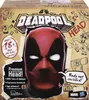 The image shows the packaging for a Deadpool interactive head toy. The packaging features a large image of Deadpool's mask, along with various doodles and text highlighting product features. Anteprima dell’immagine prodotto