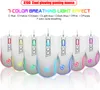 A row of seven white gaming mice with different colored lights. Produktbild-Vorschau