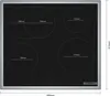 A top-down view of a black induction cooktop with silver trim, showing dimensions of the cooking zones. Voir les images du produit