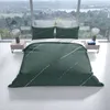 A bed with green bedding featuring a geometric stripe pattern, set against a large window with a scenic view. Produktbild-Vorschau