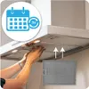 A person is shown installing a filter into a range hood, with an overlay graphic indicating a calendar and a '3x' symbol. Voir les images du produit