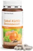 A bottle of Sanct Bernhard Sabal-Kürbis-Brennnessel capsules with an illustration of pumpkins and herbs on the label, and several capsules scattered in front of the bottle. Produktbild-Vorschau