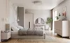 A modern bedroom with a beige dresser, bed, and nightstand. Produktbild-Vorschau