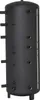 A black, cylindrical water tank with multiple pipe connections on its sides, standing on four short legs. Produktbild-Vorschau