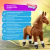 A plush toy horse with descriptive text boxes and a brand logo. Produktbild-Vorschau