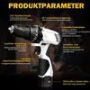 A close-up marketing image of a cordless drill with feature callouts. Produktbild-Vorschau