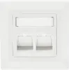 A white wall-mounted network data socket with two ports and a label area. Produktbild-Vorschau