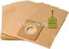 A stack of brown paper vacuum cleaner bags with a small square bag on top showing the opening and a green tag indicating quantity. Produktbild-Vorschau