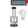 A close-up marketing image of a stainless steel and plastic vegetable and herb chopper, with text highlighting its high-quality construction. Anteprima dell’immagine prodotto