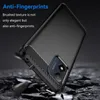 A black phone case with a brushed texture is shown against a dark, rocky background, with text highlighting its anti-fingerprint feature. Produktbild-Vorschau