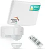 A white motion-activated outdoor light fixture with a remote control. Produktbild-Vorschau