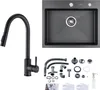 A kitchen sink and faucet set with accessories laid out on a white background. Produktbild-Vorschau