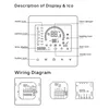 Diagrams illustrating the display and wiring of a thermostat. Podgląd zdjęcia produktu
