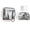 Two views of a silver hand dryer, with dimensions indicated. Also includes a manual and mounting hardware. Podgląd zdjęcia produktu