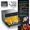 A marketing image showcasing a multifunctional oven/air fryer with dimensions and feature callouts. Produktbild-Vorschau