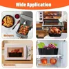 A collage of four images showing silicone baking molds used in different kitchen appliances: an air fryer, an oven, a microwave, and a refrigerator. Produktbild-Vorschau