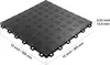 A single black interlocking floor tile with a diamond plate texture, shown from a slightly elevated diagonal angle. Dimensions are indicated with text overlays. Podgląd zdjęcia produktu