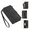 A collage of images showing a black wallet-style phone case with a wrist strap and zipper details. Produktbild-Vorschau
