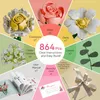 A collage of images showing the components and finished product of a building block flower set, along with packaging and instructions. Produktbild-Vorschau