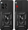 Two views of a black phone case with a sliding camera cover and a ring stand. Produktbild-Vorschau
