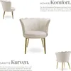 A collage of images showcasing a cream-colored armchair with gold legs, accompanied by descriptive text in German. Produktbild-Vorschau
